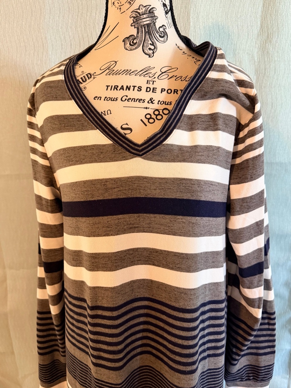 Lularoe Gray Emily in a Striped V-Neck Long Sleeve Swing Dress